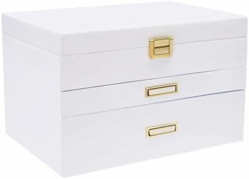 LOYALHEARTDY 3 Layers Large Wooden Jewelry Box Drawer, Large Jewelry Box Organizer for Women, 2 Drawers Storage Case for Ring Necklace Earring Bracelet Organizer Storage Display Box (White)