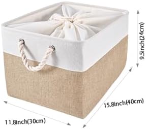 HOdo Home 15.8×11.8×9.5 In/3PCS Fabric Storage Bins with Drawstring Closure and 2 Bold Handles, Collapsible Large Cubes Canvas Baskets for Organizing Shelf Nursery Home Closet (White and Yellow)