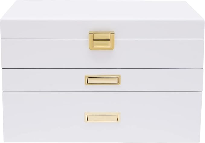 3 Layers Jewelry Storage Box with 2 Drawers, Large Wooden Jewelry Box for Women and Girls Necklace Ring Watch Organizer, White