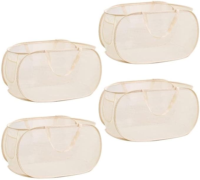 Rubruan 4 Piece Popup Mesh Laundry Basket Durable Handles Collapsible Laundry Baskets Folding Clothes Pastic Hamper for Laundry Room College Dorm (Beige)