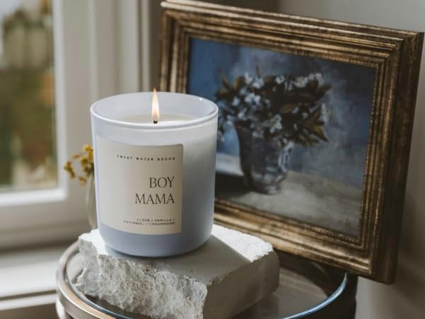 Sweet Water Decor Boy Mama Candle, Non-Toxic Soy Wax, Palo Santo Scent, Patchouli, Lavender, Cedarwood & Vanilla, 15oz Blue Matte Jar, 70+ Hour Burn Time, Gift for New Mom, Mother's Day, & Baby Shower