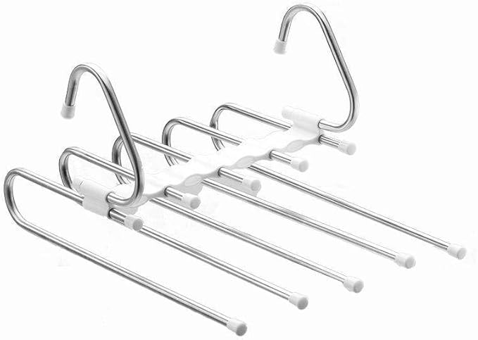 Set of Four - 5-Layer Stainless Steel Metal Pants Hangers | Space-Saving Hanger Rack for Men & Women | Folding Clothes Hangers | Multi-Purpose Organizer for Pants, Scarves, Jeans
