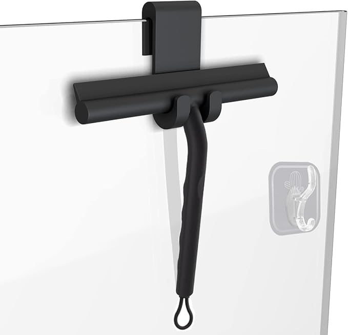 DEOFUXT Squeegee for Shower Glass Doors, Resilient Loop - No-Drill & Adhesive Hook, Silicone Shower Squeegee with Stainless Steel Core, Cleaning Tool for Home, Kitchen, Bathroom & Car - Black