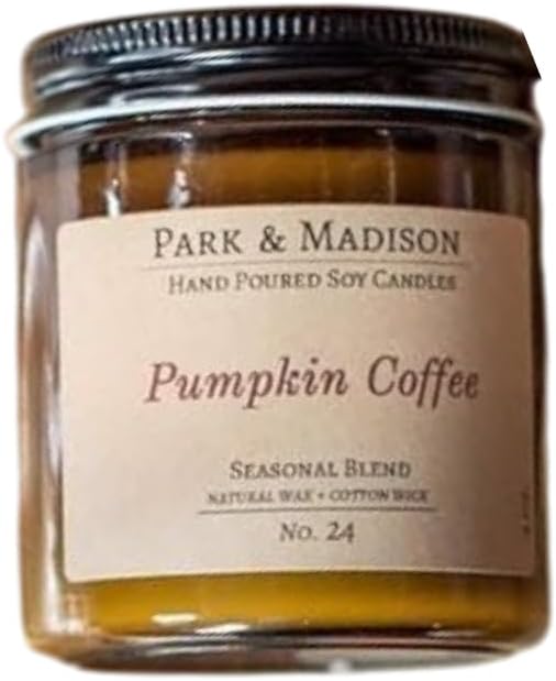 Park & Madison Pumpkin Coffee Soy Candle – Fall Scented Pumpkin Spice Candle with Coffee, Cinnamon, Ginger, Clove & Vanilla – Non-Toxic, Hand-Poured Fall Décor Amber Jar (4 oz)