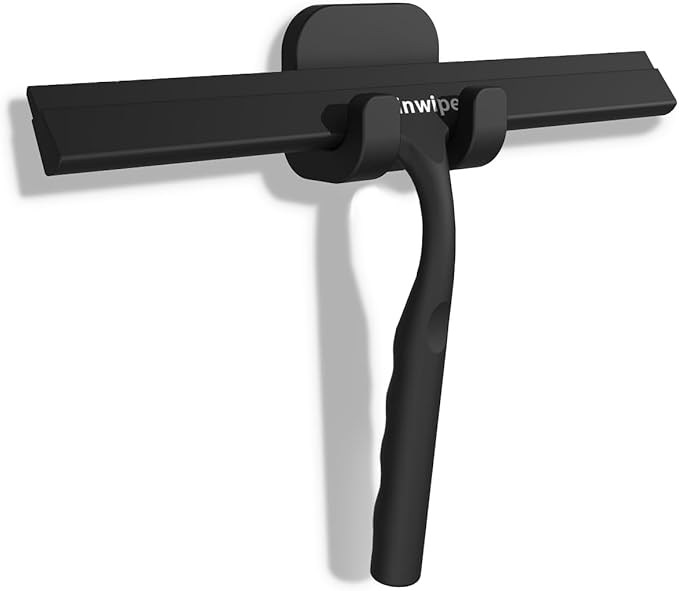 Anjinwiper Household Squeegee for Shower Glass Doors, Silicone Shower Squeegee with Adhesive Hook, Bathroom Squeegee for Shower, Window Cleaner Tool for Glass Door, Kitchen, Tile Wall(10 inch-Black)