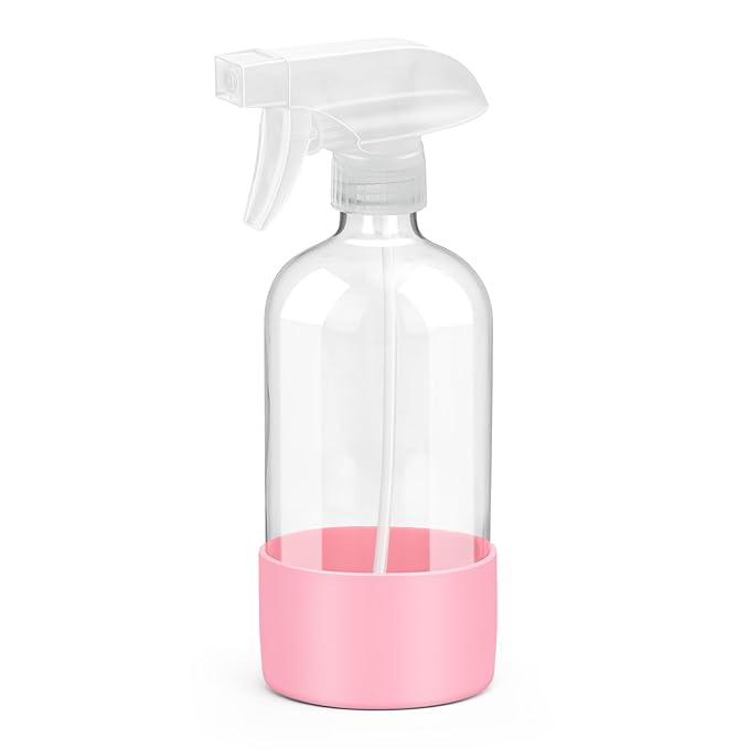 Rionisor Glass Spray Bottles with Silicone Sleeve Protection, Empty 16 oz Refillable Containers, Reusable Spray Bottles with Adjustable Nozzle for Hair, Cleaning Solutions, 1 Pack Pink