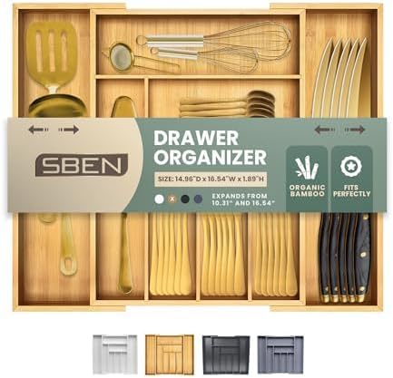 Sben Expandable Drawer Organizer for Utensils Holder, Adjustable Cutlery Tray, Wood Drawer Dividers Organizer for Silverware, Flatware, Knives for Kitchen (Bamboo, Medium)