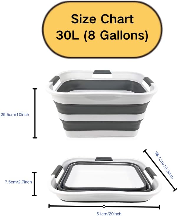 SAMMART Collapsible Plastic Laundry Basket Washing Tub Foldable Pop Up Storage Container-Space Saving/Portable Laundry Hamper. Ideal for Home, Travel, Dorm, and Camping (White/Steel Grey, 30L)