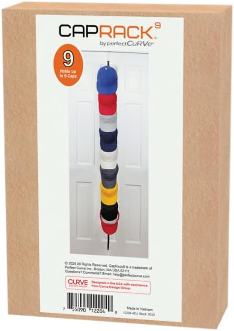 Perfect Curve Cap Rack | Over-The-Door Hat Organizer | Nine hooks holds 9-18 Caps | Baseball Cap Rack for Door | 1 Strap | Black