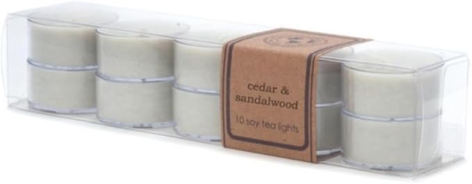 ECO CANDLE CO. Tea Light Candles, Cedar & Sandalwood, 10-Pack - Scents of Fresh Ozone, Lily, Cedarwood & Sandalwood - Recyclable, 100% Soy Wax, No Lead, Hand Poured, .6 oz. Each