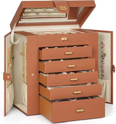 AKOZLIN 6-Tier Jewelry Box Organizer Functional 5 Drawers Leather Jewelry Storage Case for Women Girls Ring Necklace Earring Bracelet Holder Organizer with Mirror Dark Orange