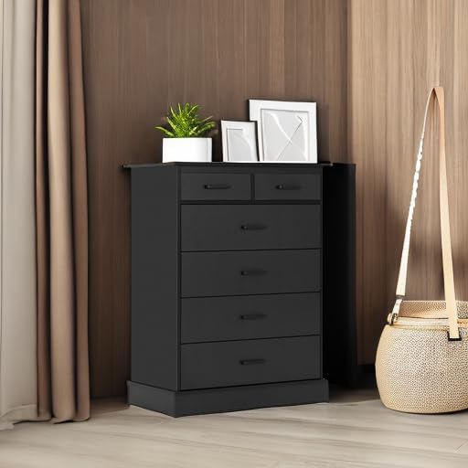 Hasuit Black Dresser for Bedroom, 6 Drawers Dresser Wood Storage Tower Clothes Organizer, Chest of 6 Drawers, Large Capacity Storage Cabinet, Tall Dressers for Bedroom, Hallway, Entryway