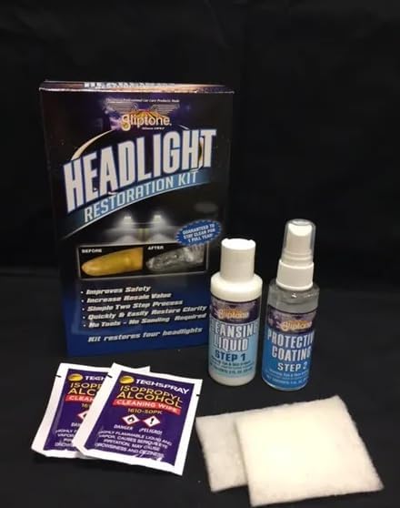 Gliptone Headlight Restoration Kit, No Sanding or Tools Required, Restores Yellowed and Cloudy Headlights, Improves Night Visibility, UV Protective Clear Coat, Easy 2 Step Process, 7 Piece Kit