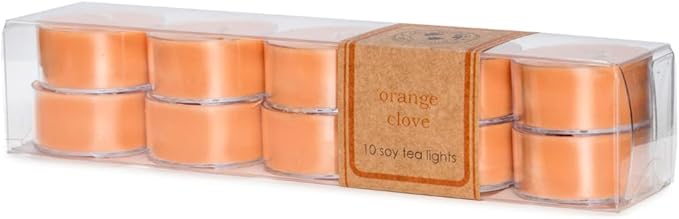 ECO CANDLE CO. Tea Light Candles, Orange Clove, 10-Pack - Scents of Oranges Pierced with Spicy Cloves - Recyclable, 100% Soy Wax, No Lead, Kraft Paper Label & Lid, Hand Poured