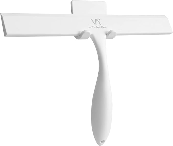 Shower Squeegee for Glass Doors, 11-Inch Silicone Squeegee with Non-Slip Handle and Adhesive Hook for Bathroom, Mirror, Tile, Car Window (White)