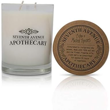 Premium Scented 100% Soy Candle - Cider + Mulled Spices - Long Lasting 65+ Hour Burn Time Glass - Hand Poured in USA by Seventh Avenue Apothecary
