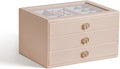 CASEGRACE Jewelry Box for Women with Glass Lid - Leather Jewelry Storage Organizer 3 Drawers for Necklaces, Rings, Earrings & Bracelets, Ideal Gift (Pink, 3 Layer)