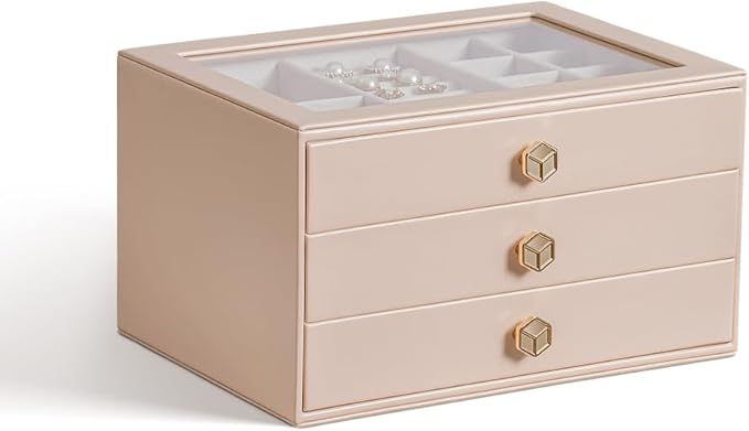 CASEGRACE Jewelry Box for Women with Glass Lid - Leather Jewelry Storage Organizer 3 Drawers for Necklaces, Rings, Earrings & Bracelets, Ideal Gift (Pink, 3 Layer)