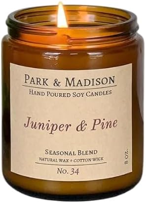 Park & Madison Juniper & Pine Soy Candle - Evergreen, Eucalyptus & Juniper Hand-Poured Soy Wax Candle in Amber Jar | Long-Lasting Floral Scent | Fall Candle for Home & Mother's Day Gift (8 oz)