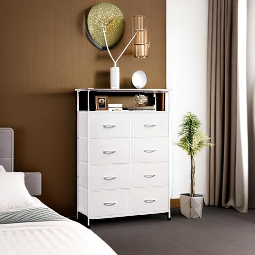 WLIVE Fabric Dresser for Bedroom with Open Shelves, Tall White Dressers with 8 Drawers, Storage Tower with Fabric Bins, Chest of Drawers for Closet, Hallway