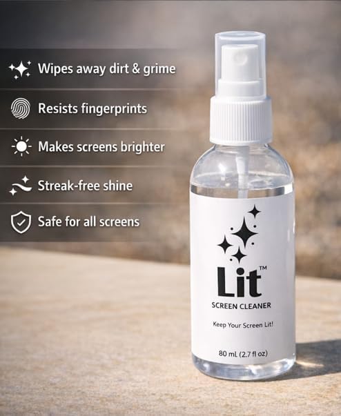 Lit Screen Cleaner Spray Kit (80 mL) + Microfiber Cloth — for Phone, iPad, Tablet, Laptop, Monitor, TV, Camera Lenses & Eyeglasses — Streak-Free, Alcohol-Free & Ammonia-Free, Travel Size
