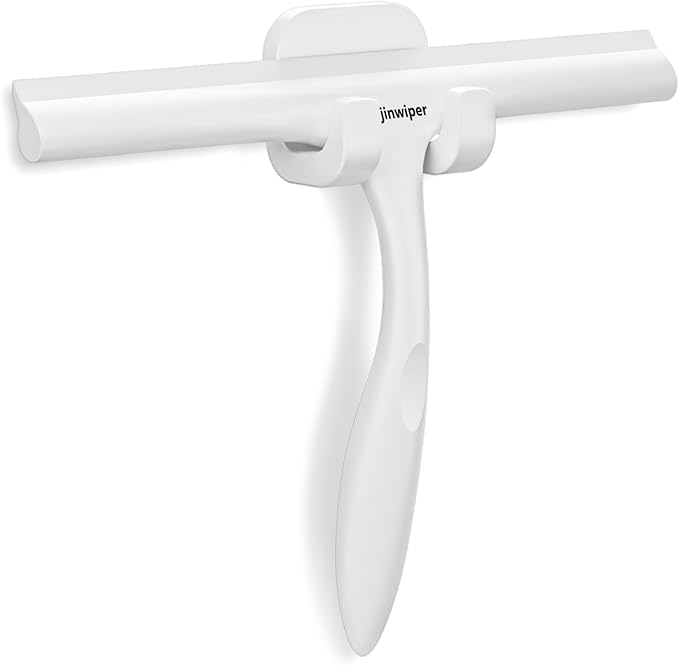Anjinwiper All-Purpose Shower Squeegee for Shower Glass Door with Adhesive Hook, Silicone Squeegee for Shower Doors, Bathroom, Windows, Mirrors, Shower Cleaner Tool Household Squeegee(10 inch-White)