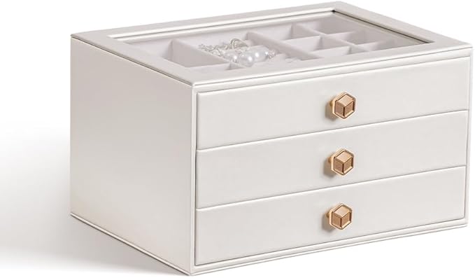 CASEGRACE Jewelry Box for Women with Glass Lid - Leather Jewelry Storage Organizer 3 Drawers for Necklaces, Rings, Earrings & Bracelets, Ideal Gift (White, 3 Layer)