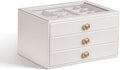 CASEGRACE Jewelry Box for Women with Glass Lid - Leather Jewelry Storage Organizer 3 Drawers for Necklaces, Rings, Earrings & Bracelets, Ideal Gift (White, 3 Layer)