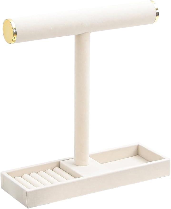 Justsoso Multi-Use Jewelry Holder Stand, Necklace Bracelet Ring Organizer Stand, Scrunchie Watches Velvet Jewelry Holder Stand With Tray for Women Girls Home Use(Beige with Lid)