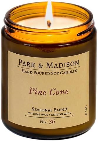 Park & Madison Pine Cone Soy Candle – Natural Non-Toxic Scented Candle with Pine, Sandalwood & Vanilla – Organic Fall Candle, Amber Jar – Long-Lasting Soy Wax Candle for Home (4 oz)
