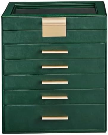 SONGMICS Jewelry Box Organizer with Glass Lid, 6-Layer Jewelry Storage, with 5 Drawers, Modern Style, 6.4 x 9.9 x 11.4 Inches, Forest Green and Gold Color UJBC171C01