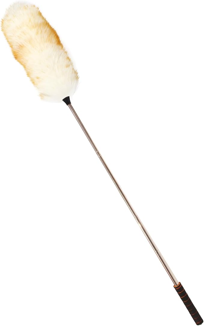 iHUFeather Lambs Wool Extendable Household Cleaning Duster 64" Wall Duster Cleaner with Stainless Steel Long Handle and Extension Pole for Cleaning High Ceiling Fan Interior Roof, Yellow&White