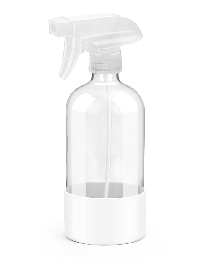 Rionisor Glass Spray Bottles with Silicone Sleeve Protection, Empty 16OZ Reusable Spray Bottles, Refillable Containers with Spray Nozzles for Cleaning Solutions, Plants and Essential Oils 1 Pack White