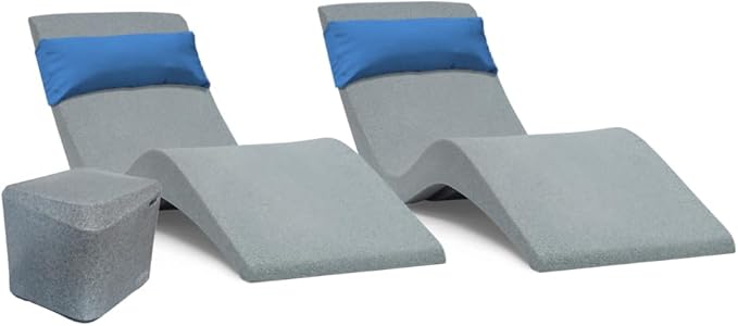 Aqua Outdoors in-Pool Chaise Set - Two Chaises - Two Headrest Pillows and One in Pool Side Table - for ledges up to 9" inches (Grey Granite-Blue)