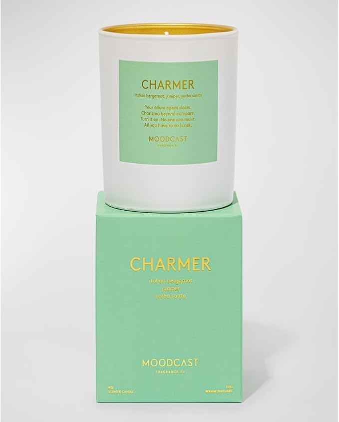 Moodcast Charmer Scented Candle – Aesthetic Candle for Home, Italian Bergamot, Juniper & Yerba Santa, Clean Coco Wax Blend, Vegan, Paraben-Free, 45-Hour Long Lasting Burn – 8oz