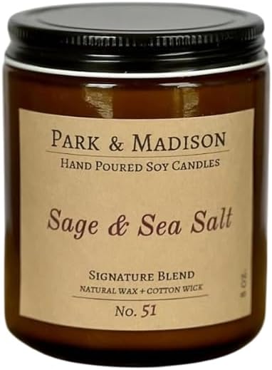 Park & Madison Sea Salt & Vetiver Soy Candle – Refreshing Earthy Scent with Ocean Air, Aquatic Florals & Warm Musk – Eco-Friendly Amber Jar, Non-Toxic, Long-Lasting Scented Candle (4 oz)
