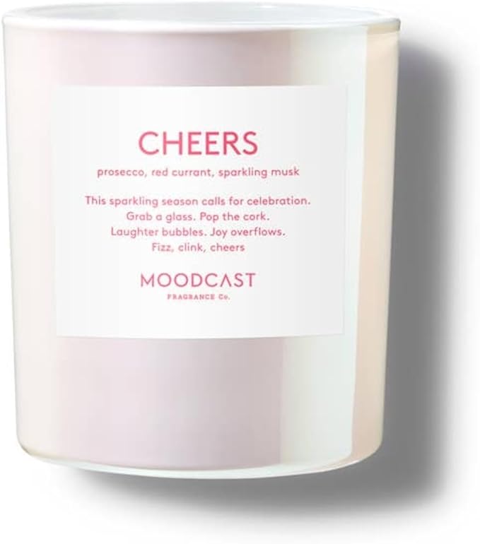 Moodcast Cheers Scented Holiday Candle - Aesthetic Winter Candle for Home, Prosecco, Red Currant & Sparkling Musk, Clean Coco Wax Blend, Vegan, Paraben Free, 50-Hour Burn, Christmas Decor - 8oz
