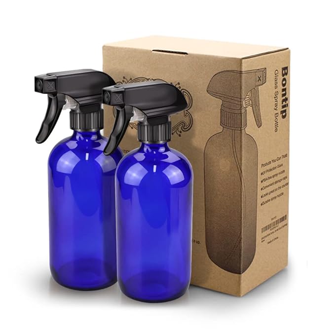 Bontip Glass Spray Bottle, Blue Glass Spray Bottle Set & Accessories Refillable for Plants Window Cleaners Aromatherapy Facial Hydration Watering Flowers Hair Care (2 Pack/16 oz) (Blue)