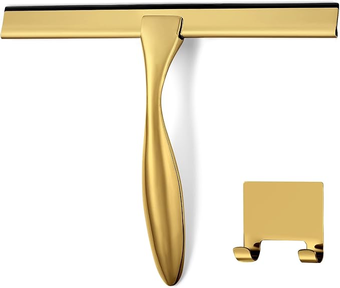 HIWARE All-Purpose Shower Squeegee for Shower Doors, Bathroom, Window and Car Glass - Brass, Stainless Steel, 10 Inches