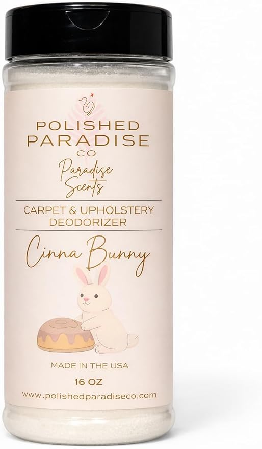 Polished Paradise Co Paradise Scents Cinnamon Bun Carpet and Upholstery Deodorizer, Easter Holiday Scent Powder for Rugs and Textiles, 16 Oz (CinnaBunny)