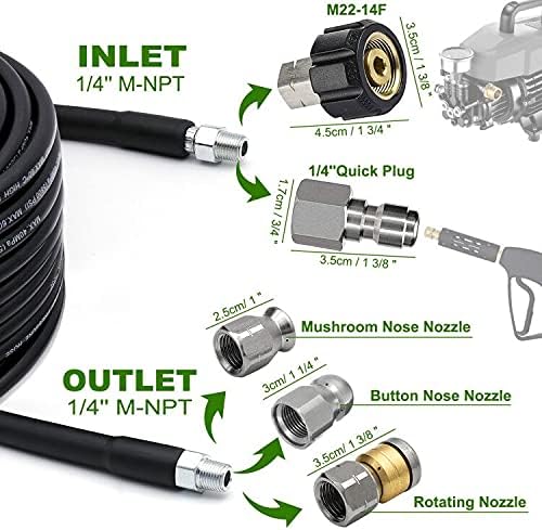 Sewer Jetter Kit 100FT for Pressure Washer, 5800PSI Drain Cleaner Hose 1/4 Inch NPT Corner Rotating and Button Nose Sewer Jetting Nozzle Spanner Waterproof Tape Pearl Corsage Pin