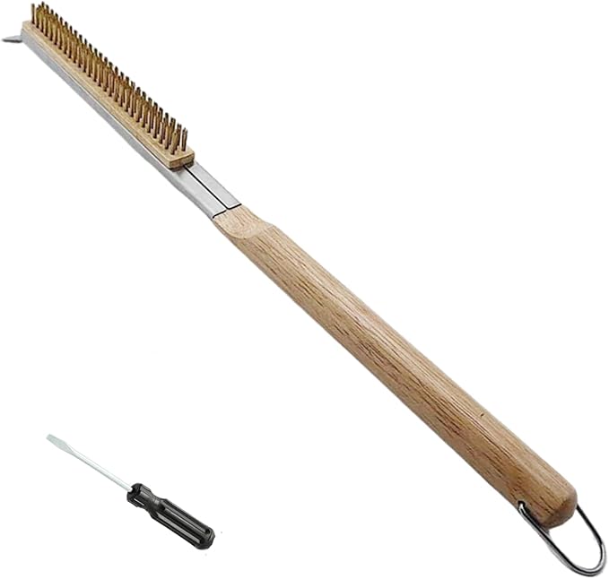 ToppYuanZea 21 Inch Pizza Oven Brush with Scraper, Brass Bristles, Outdoor BBQ Grill Cleaning Brush Copper Wire Pizza Stone with 1 Screwdriver Outdoor Oven Accessories