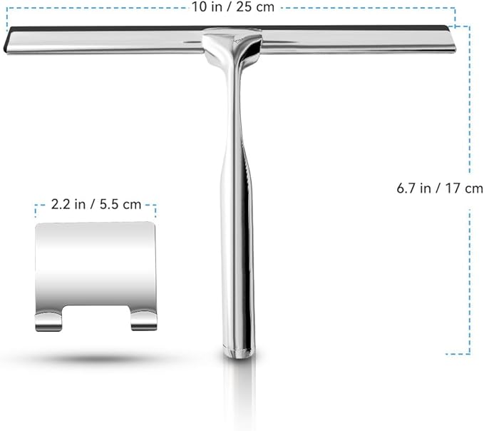 Shower Squeegee for Glass Doors Stainless Steel with Self Adhesive Hook Window Squeegee for Shower Door Bathroom Mirror Wiper, Window Glass Cleaning