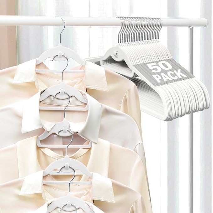 UEAKPIC Velvet Felt Stackable Hangers 50 Pack, Non Slip, with 360°Swivel Hook, Ultra Thin and Space Saving for Suits, Shirts, Coats, 15Lbs Capacity Heavy Duty, White