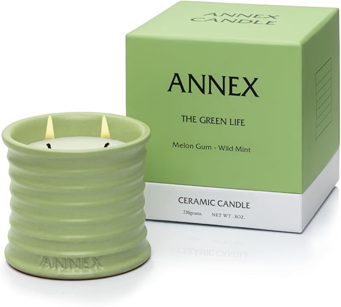 Annex Melon & Juniper Luxury Scented Candle - 8oz Handmade Green Ceramic Jar Candle - 50hr Clean Burn, 100% Non-Toxic Soy Wax, Aesthetic Home Decor Winter Gift for Men Women - Botanical Crisp Scent