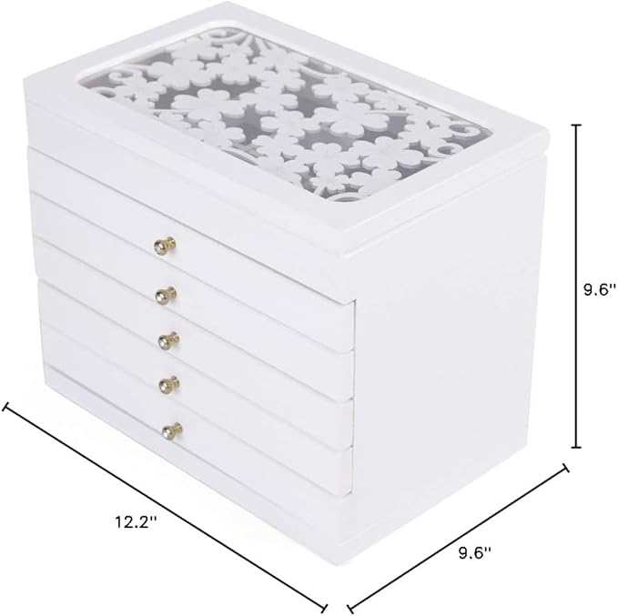 Jewelry Storage Organizer, 6 Layers with 5 Drawers Large Jewelry Organizer Wooden Storage Box Case for Woman (White)
