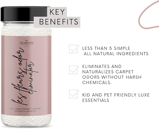 The Diamond Life Home “Les Fleurs” Carpet Deodorizer Powder – Natural Odor Eliminator for Carpets, Upholstery, Pet Urine, Dog Beds & Cat Litter Boxes – Pet-Friendly – Pink Peony, Iris & White Musk