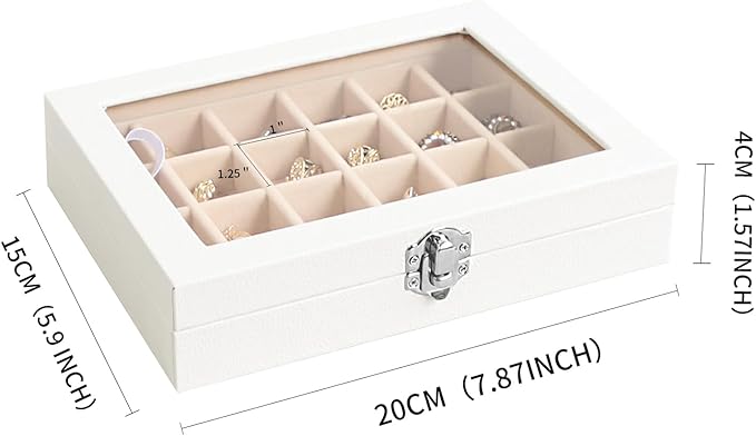 Wudygirl Jewelry Organizer Small Jewelry Box 24 Grid Earring Holder Organizer Velvet Jewelry Tray with Clear Lid Ring Holder Display Earring Organizer Storage for Women (Cream)