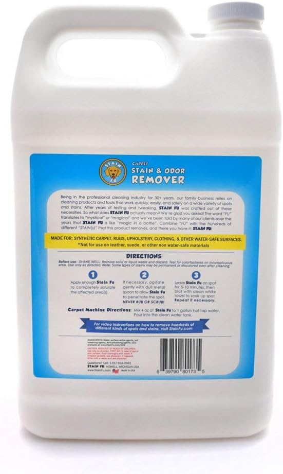 STAIN FU Pet Stain Odor Remover Professional Strength Powerful Eliminator for Tough Dog Cat Pet Urine Pee Poop Feces Vomit Slobber Drool Blood Wine Coffee Home Kennel Car RV Office (1 Gallon)