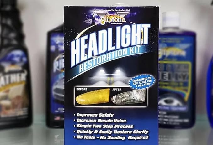 Gliptone Headlight Restoration Kit, No Sanding or Tools Required, Restores Yellowed and Cloudy Headlights, Improves Night Visibility, UV Protective Clear Coat, Easy 2 Step Process, 7 Piece Kit
